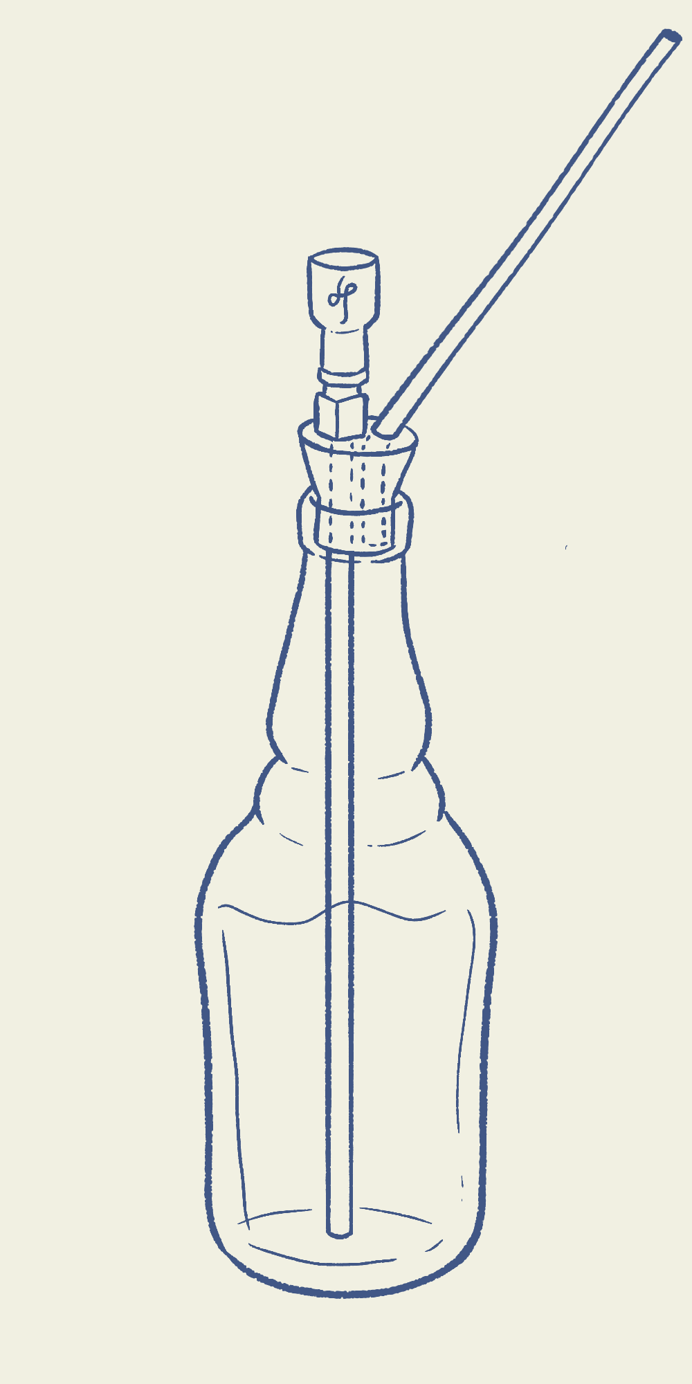 The OG assembled in a bottle, from Libby's drawing: the copper bowl, the silicone bung, the tube down into the water, and the draw tube to the mouth.