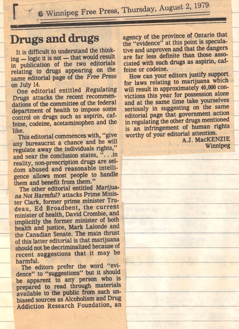AJ's letter, Winnipeg Free Press, 2 August 1979.
