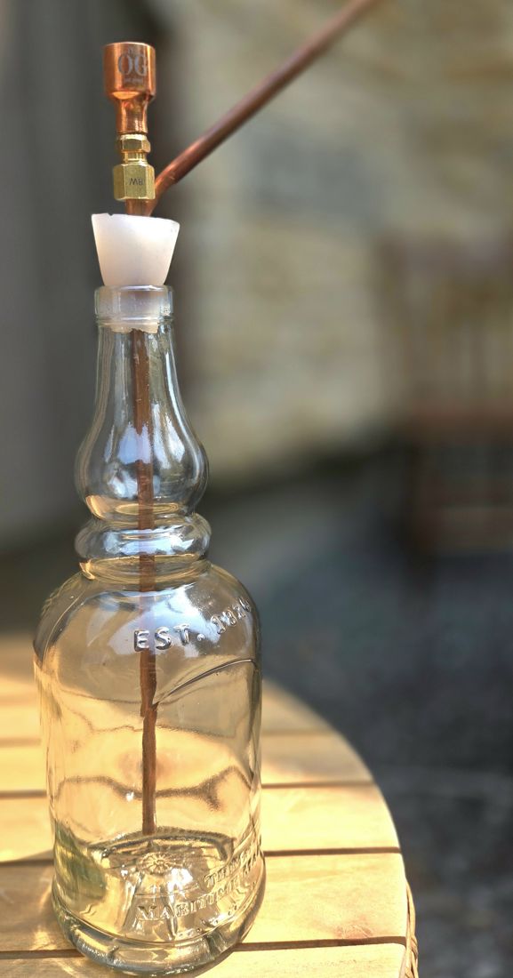 The OG assembled in a clear bottle, copper bowl, brass fitting, and draw tube.